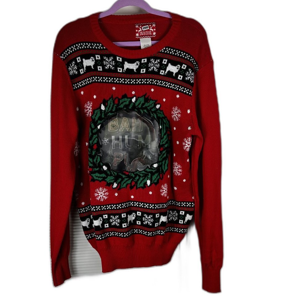 Hybrid Ugly Christmas Sweater “Bah Hum Pug” SZ: L (used, excellent condition)